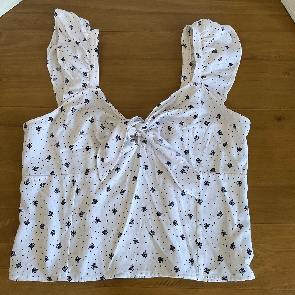 LOFT White Tank Top with Ruffled Straps and Tie Front